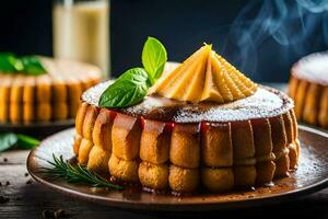 un' torta con un' buttercream glassa e un' rametto di rosmarino. ai-generato foto