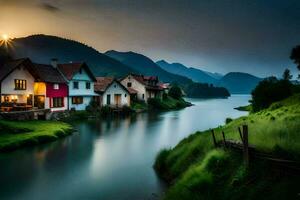 foto sfondo il cielo, acqua, montagne, Casa, fiume, tramonto, lago, casa,. ai-generato