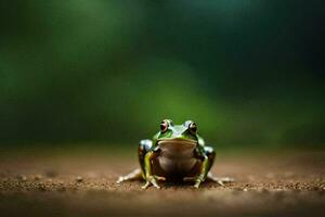 un' rana seduta su il terra nel davanti di un' verde sfondo. ai-generato foto