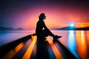 un' donna seduta su il bordo di un' barca a tramonto. ai-generato foto