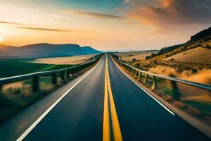 un' autostrada con un' tramonto nel il sfondo. ai-generato foto