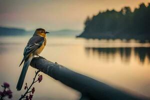 un' uccello si siede su un' ramo vicino un' lago. ai-generato foto