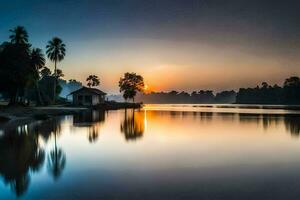 un' lago con palma alberi e un' Casa a tramonto. ai-generato foto