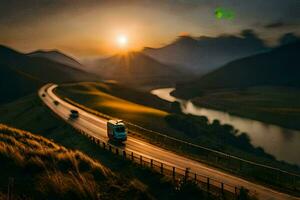 un' camion guida giù un' strada con il sole ambientazione dietro a esso. ai-generato foto