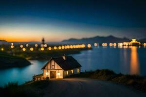 un' piccolo Casa si siede su il lato di un' strada a notte. ai-generato foto