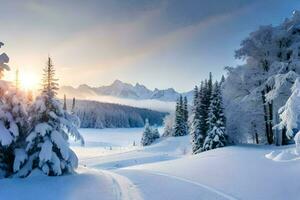 foto sfondo il cielo, neve, alberi, montagne, sole, alberi, il montagne, inverno. ai-generato