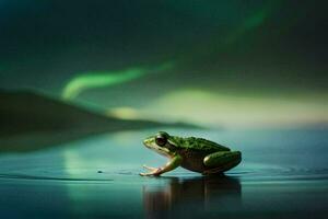 un' rana seduta su il acqua con un aurora Borealis nel il sfondo. ai-generato foto