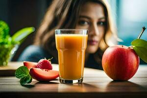 un' donna si siede nel davanti di un' bicchiere di succo. ai-generato foto