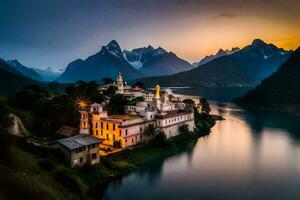 un' Chiesa si siede su il bordo di un' lago a tramonto. ai-generato foto