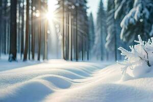 neve coperto alberi e il sole splendente attraverso il alberi. ai-generato foto