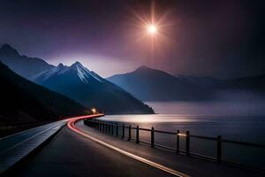 un' lungo esposizione foto di un' strada e montagne a notte. ai-generato