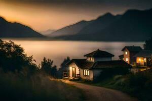 un' Casa si siede su un' collina prospiciente un' lago. ai-generato foto