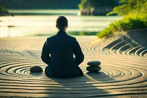 un' donna Meditare su il sabbia vicino acqua. ai-generato foto