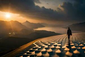 un' uomo in piedi su superiore di un' montagna a tramonto. ai-generato foto