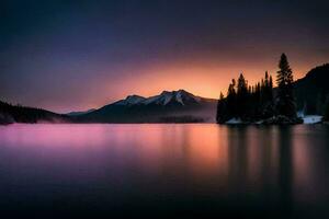 un' lago nel il montagne con alberi e un' tramonto. ai-generato foto