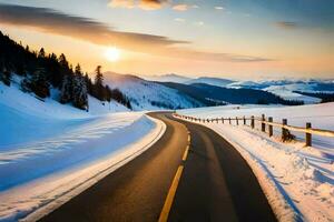 un' strada nel il montagne durante inverno. ai-generato foto