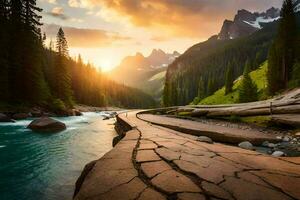 il sole imposta al di sopra di un' montagna fiume e rocce. ai-generato foto