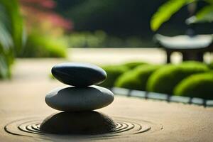 un' zen giardino con pietre e acqua. ai-generato foto