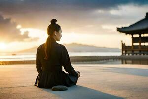 un' donna Meditare su il spiaggia a tramonto. ai-generato foto