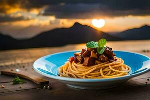 spaghetti con carne e pomodoro salsa su un' piatto con un' tramonto nel il sfondo. ai-generato foto