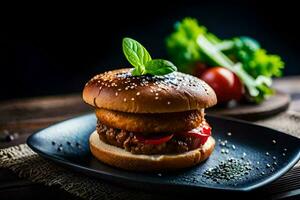 un' Hamburger con carne e verdure su un' nero piatto. ai-generato foto