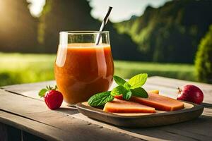 un' bicchiere di succo con fragole e menta su un' di legno tavolo. ai-generato foto