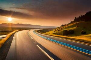 un' autostrada con un' tramonto nel il sfondo. ai-generato foto