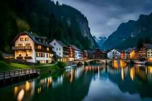 foto sfondo il notte, montagne, case, ponte, fiume, cittadina, alpino, aust. ai-generato