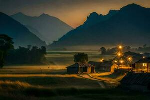 un' villaggio nel il montagne a tramonto. ai-generato foto