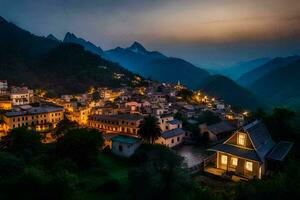 un' villaggio nel il montagne a notte. ai-generato foto