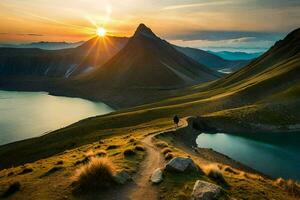 il sole sorge al di sopra di il montagne nel Islanda. ai-generato foto