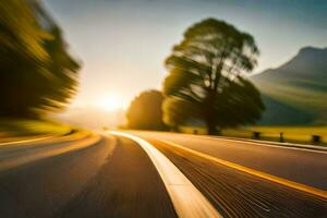 un' sfocato Immagine di un' strada con il sole ambientazione dietro a esso. ai-generato foto