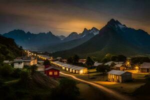 foto sfondo il cielo, montagne, notte, il villaggio, il strada, il montagne, il. ai-generato