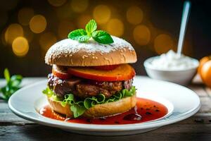 un' Hamburger con pomodoro, lattuga e salsa su un' bianca piatto. ai-generato foto