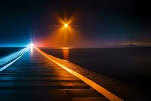 un' lungo strada principale per il oceano a notte. ai-generato foto