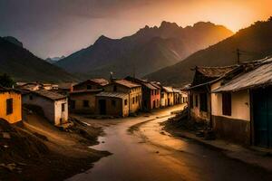 un' villaggio a tramonto con montagne nel il sfondo. ai-generato foto