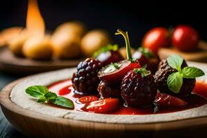 un' piatto di cibo con frutti di bosco e carne. ai-generato foto