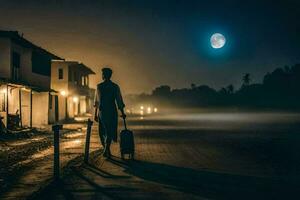 un' uomo a piedi giù un' strada con il suo bagaglio a notte. ai-generato foto