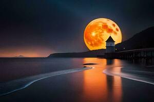 il Luna è crescente al di sopra di il oceano e un' faro. ai-generato foto