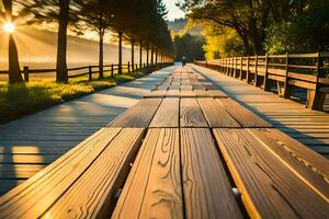 un' lungo di legno passerella con alberi e sole. ai-generato foto