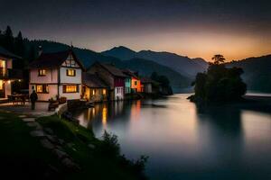 foto sfondo il cielo, acqua, montagne, case, il lago, il tramonto, il montagne. ai-generato