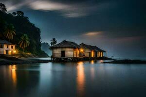 un' Casa su il riva di il oceano a notte. ai-generato foto