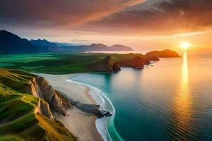 il sole imposta al di sopra di un' spiaggia e montagne. ai-generato foto