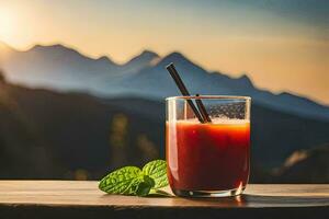 un' bicchiere di succo con un' montagna nel il sfondo. ai-generato foto