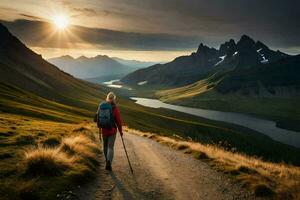 un' persona con trekking poli passeggiate lungo un' sentiero nel il montagne. ai-generato foto