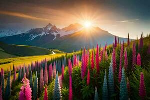 il sole sorge al di sopra di il montagne e il fiori fioritura nel il primo piano. ai-generato foto