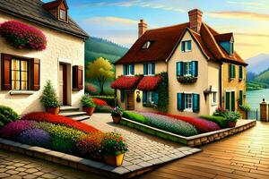 un' pittura di un' Casa con fiori su il davanti portico. ai-generato foto