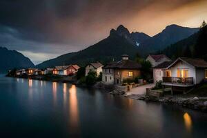 foto sfondo il cielo, montagne, lago, case, il scuro, il montagne, il lago. ai-generato