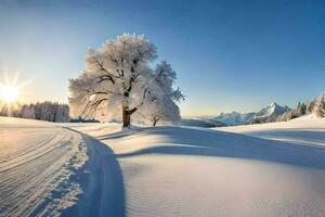 un' albero nel il neve con il sole splendente. ai-generato foto