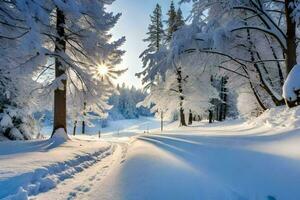 un' nevoso sentiero nel il boschi con alberi. ai-generato foto